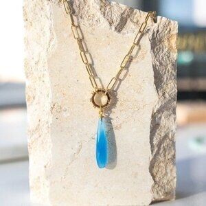 Blue Chalcedony Pendant Necklace Gold Paperclip Chain Removable Charm Necklace
